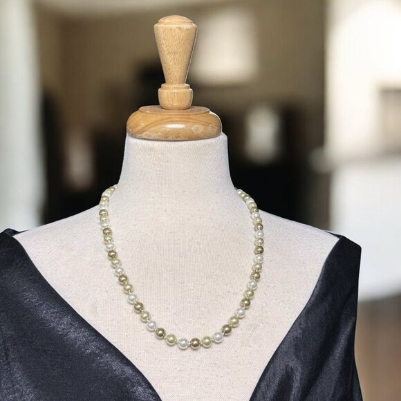 Faux Glass Pearl Necklace White Taupe 22" .925 Clasp - Picture 1 of 7